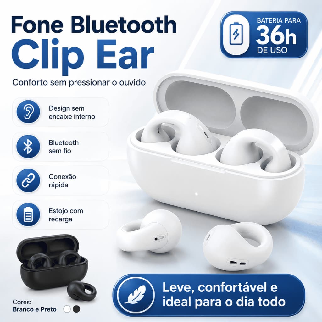 Fone Bluetooth Clip Ouvido Sem Inserir No Canal, Fone Aberto Esportivo Antiderrapante Longa Bateria Compatível Android