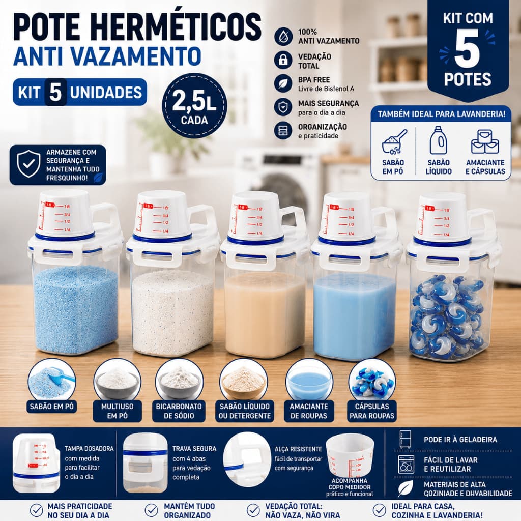 Kit 5 Potes Herméticos BPA Free com Tampa Medidora 2,5L Cozinha Lavanderia Organizadores Multiuso