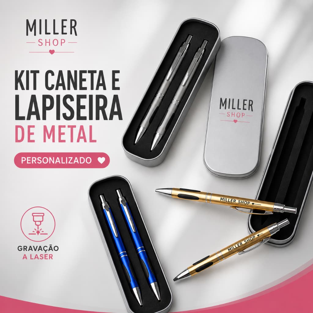 Kit com estojo, Lapiseira e Caneta, Personalizada com nome ,logo e profissões