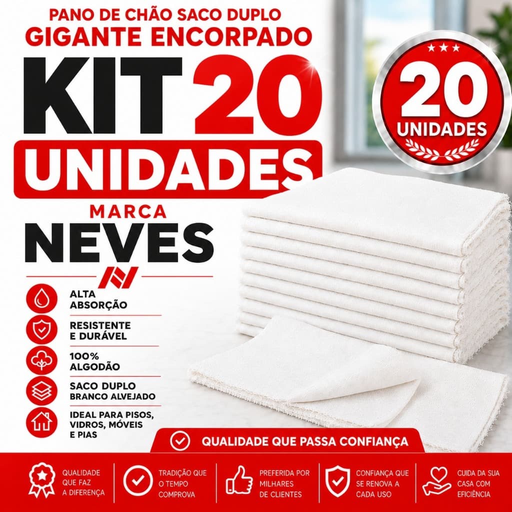 Pano De Chão Gigante Branco 45x80 Cm Encorpado Neves 100% Algodão Duplo 95Gr Saco Duplo Alvejado