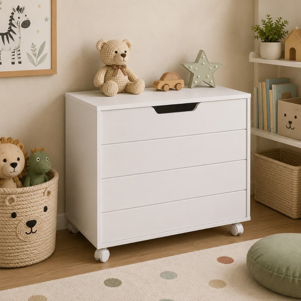 Caixa Baú Organizadora Infantil MDF Branco Soft Matic com Tampa Organizador de Brinquedos Toy