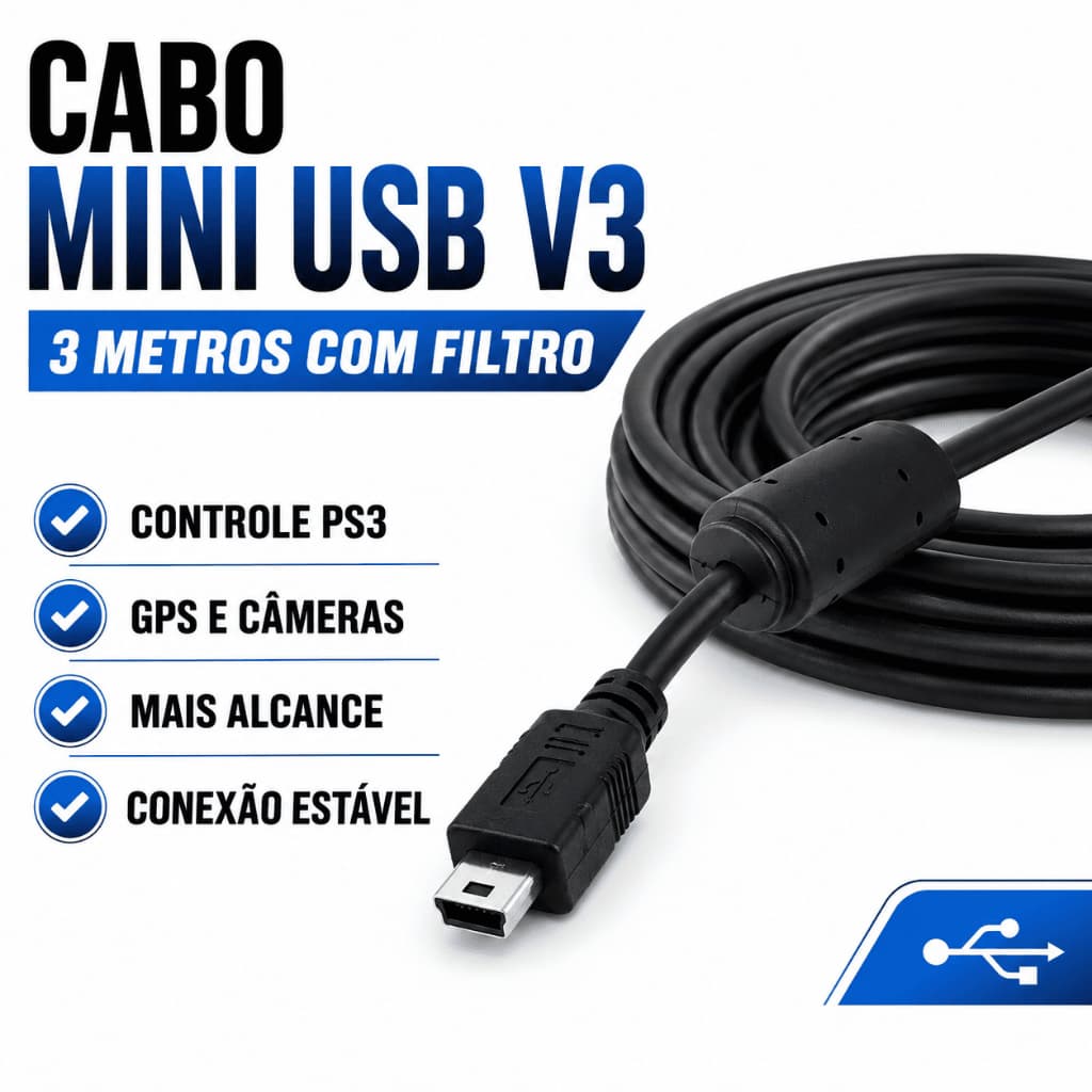 Cabo Mini USB V3 3 Metros Com Filtro Para Controle PS3 Carrega e Transfere Dados