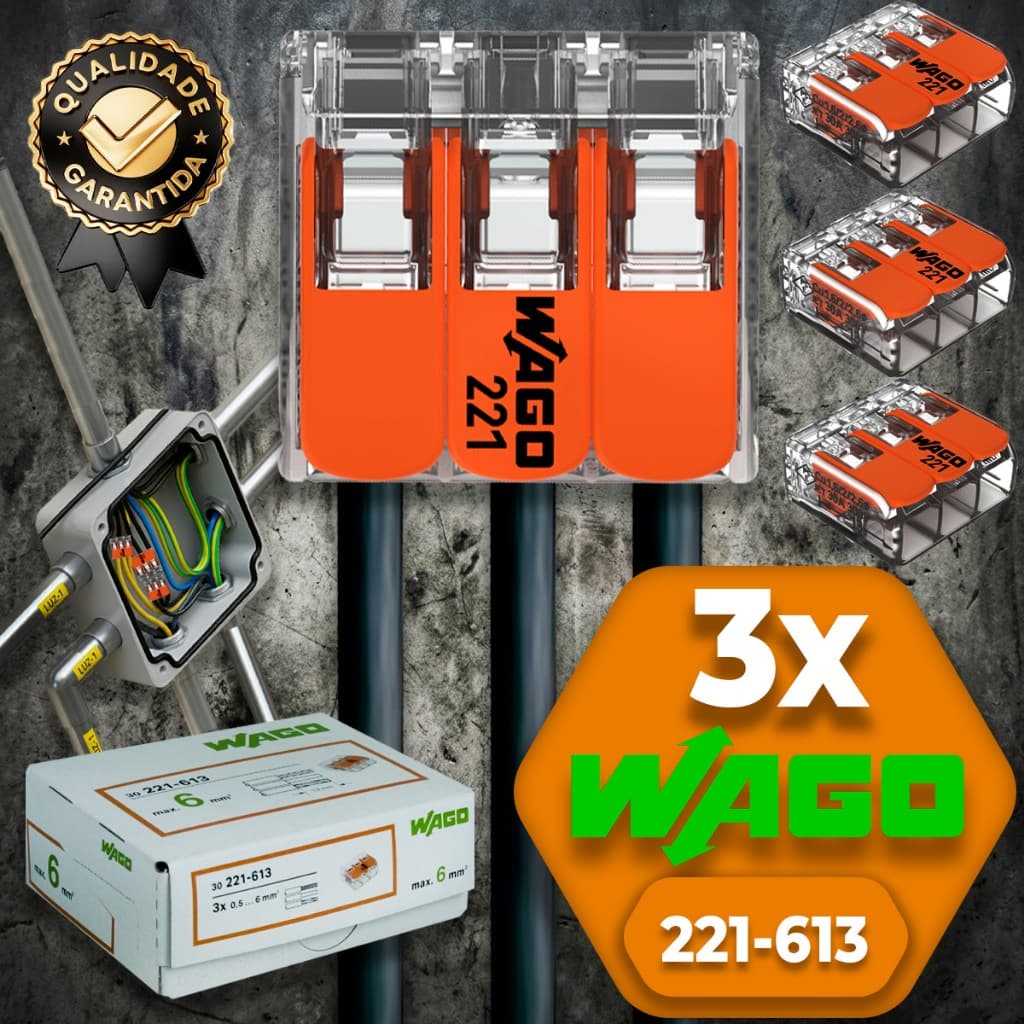 Conector de Fio Elétrico Wago 221-613 Conector Wago Emenda 6mm 41A Conexão Automática Kit 3 Peças