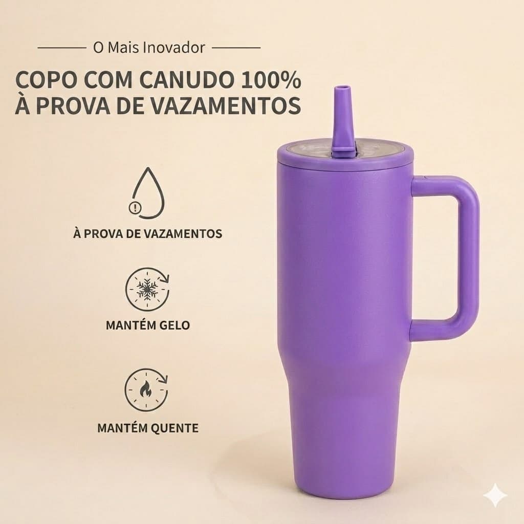 Térmico Copo Inox 1,2L com Canudo, com Bico eTampa Transparente , Alça Reforçada