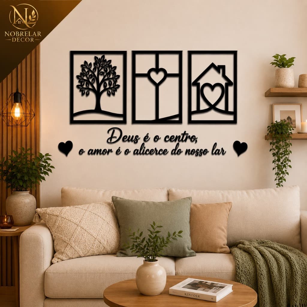 Kit 3 Quadros Decorativos Frase Deus é o centro MDF Preto 3mm Decoração Sala Quarto Parede Residencial