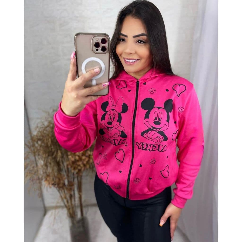 Casaco Jaqueta Blusa de Frio Mickey Minnie Feminino Poliéster com Capuz
