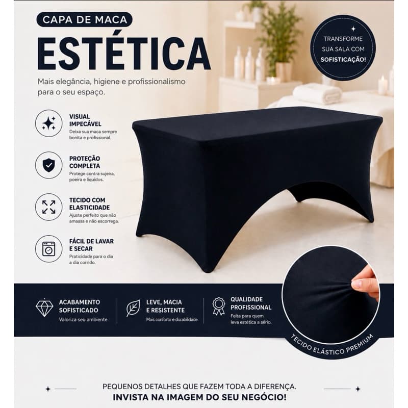 Capa legging para maca estética fixa/maleta/portátil PRETA tecido Suplex grosso sem transparência
