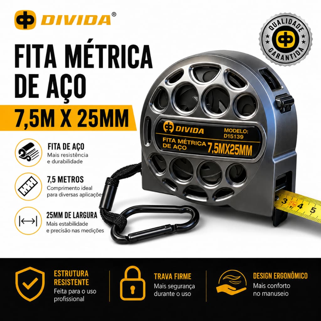 Fita Métrica de Aço 7,5m x 25mm Profissional Trena Industrial Alta Precisão com Mosquetão