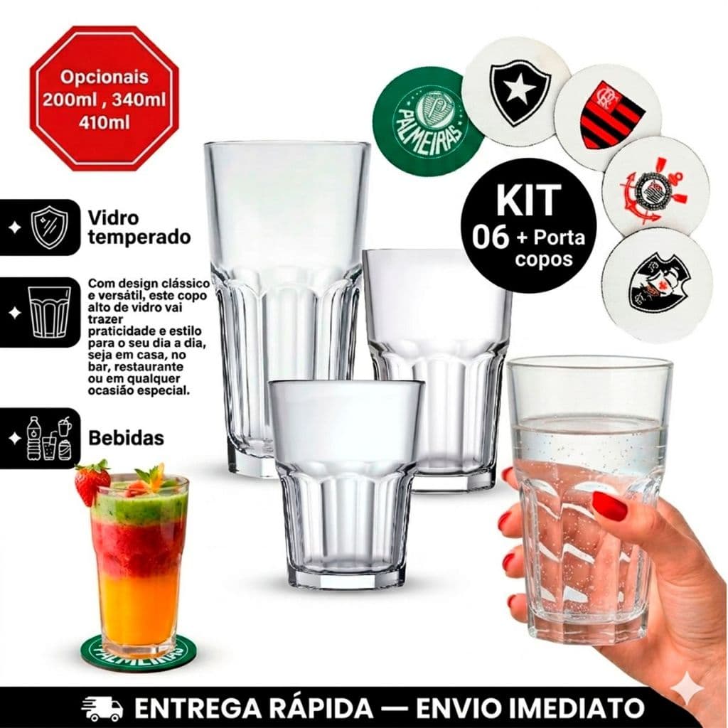 Kit Jogo Copos Bristol de Vidro Resistentes + Porta copos opcionais de times