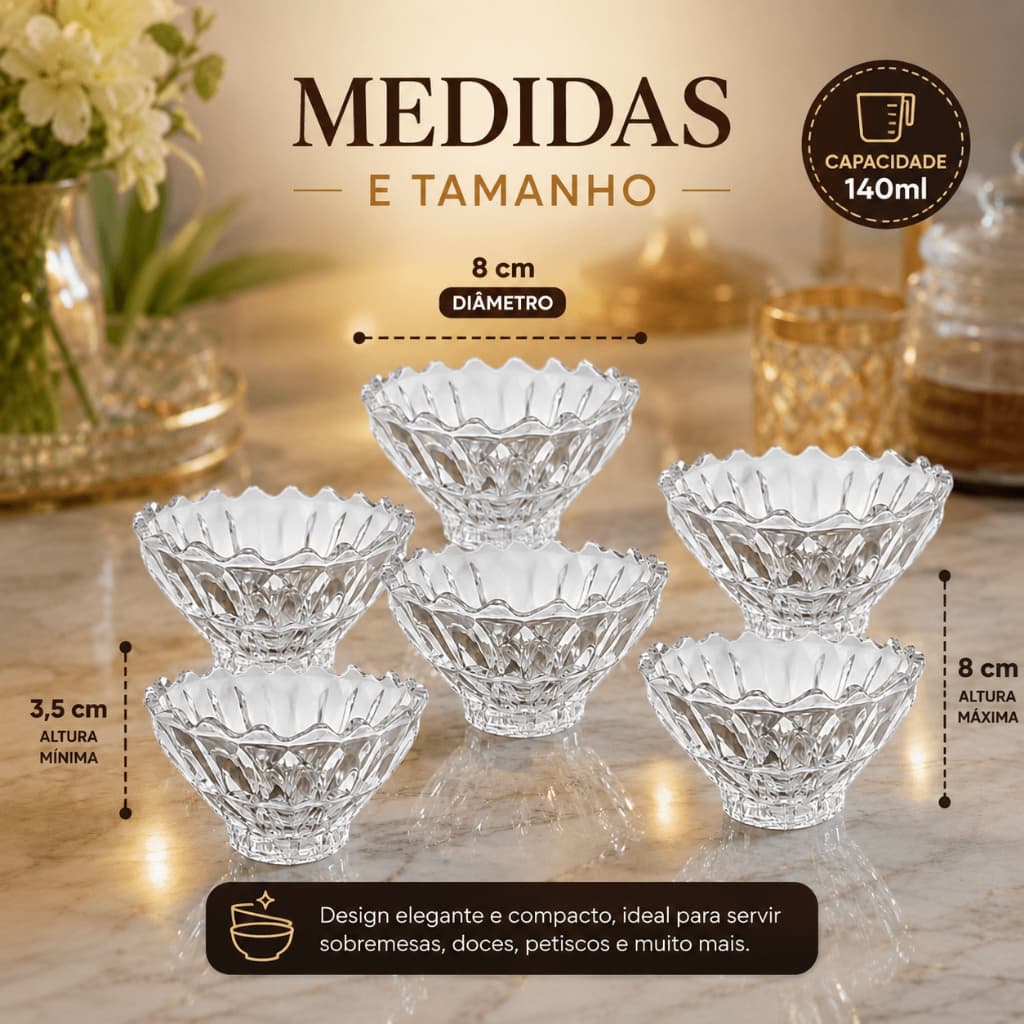 Kit 6 Bowls Vidro 140ml Cristal Elegante Mesa Posta Sobremesa Petiscos Decoração Luxo