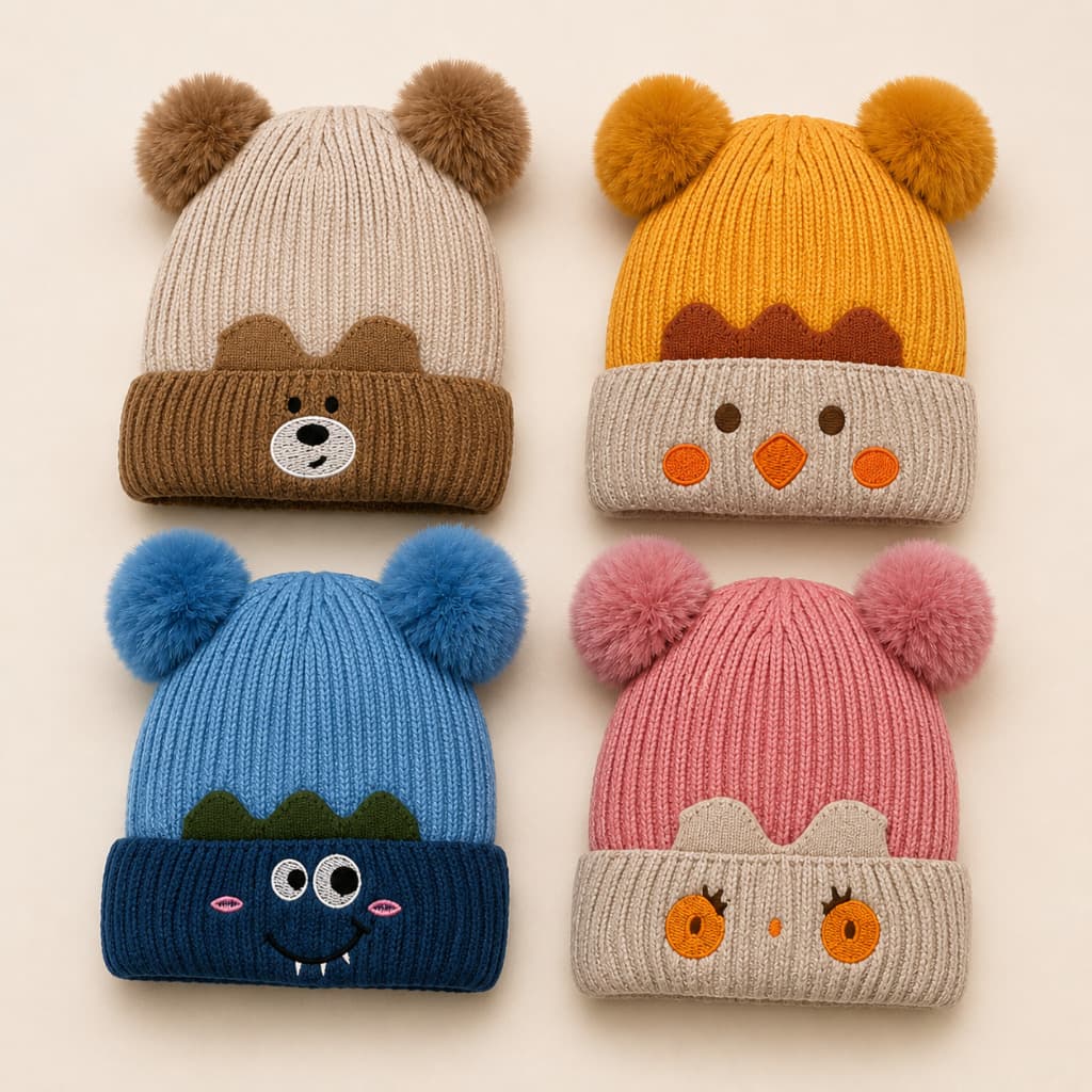 Touca Gorro Infantil de Lã Peluciada Pompom Duplo Masculino e Feminino Rosa Azul Amarelo Marrom