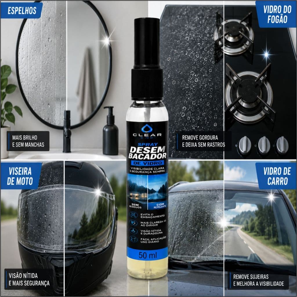 Spray Desembaçador de Vidro Antiembaçante Carro Moto Espelho Box Banheiro Fogão