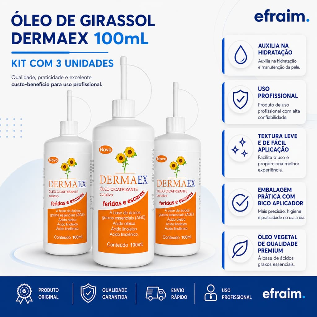 KIT 3 Óleo Cicatrizante Dermaex Age Feridas E Escaras Dersani Óleo De Girassol 100ml Dermaex