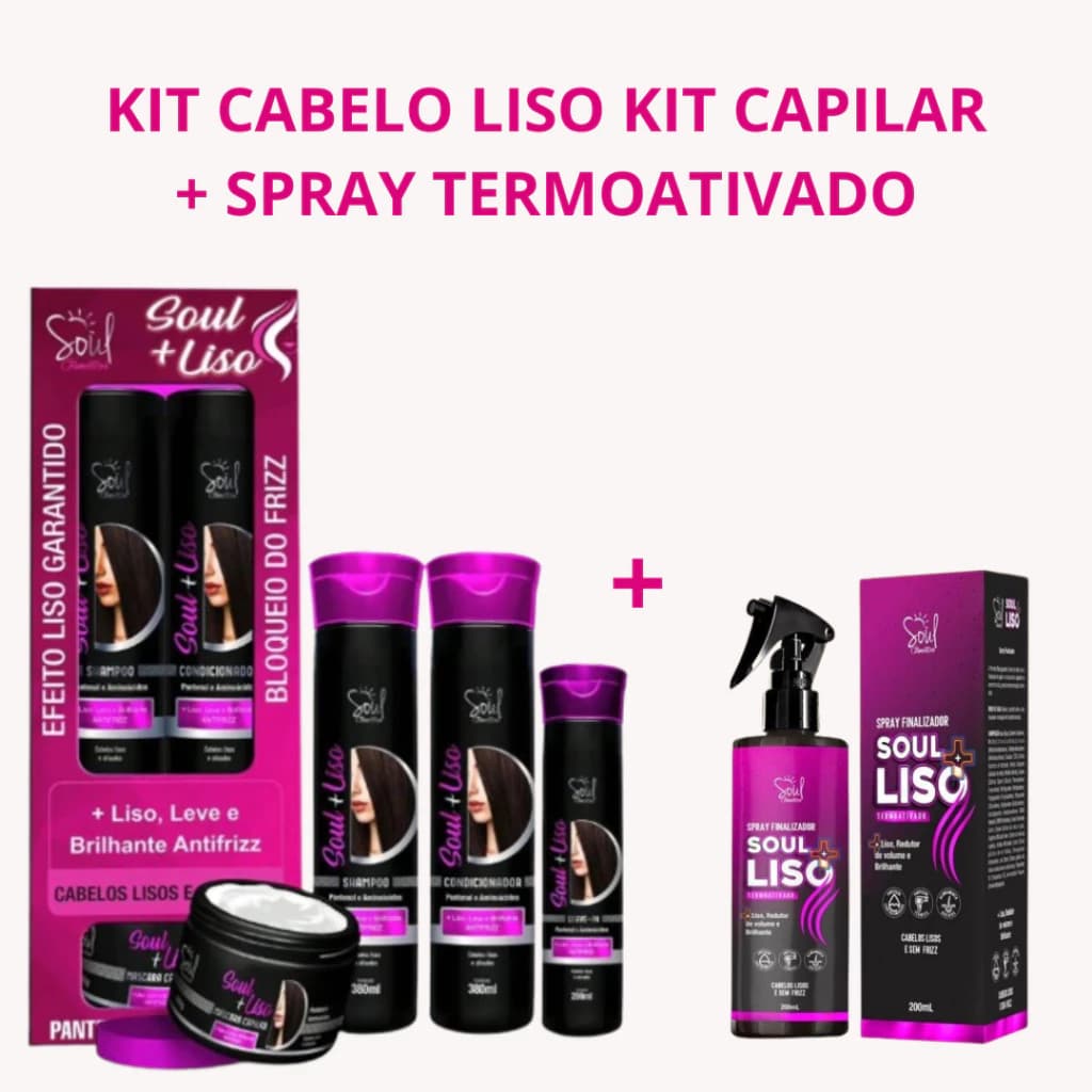 Kit Capilar Cabelos Lisos Perfeito Shampoo Condicionador Spray Termoativado Anti Frizz