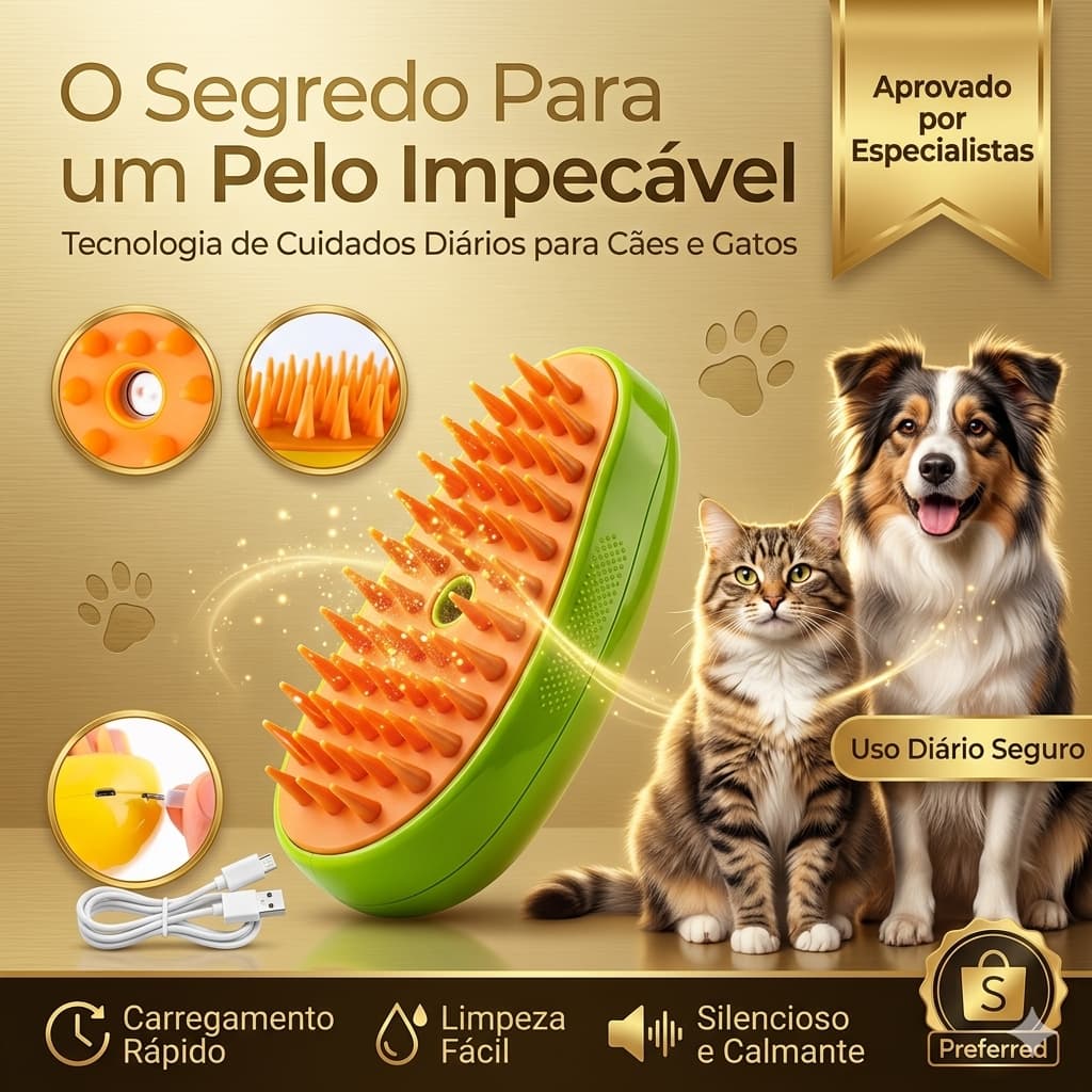 Escova A Vapor Pet 3 em 1 Removedor De Pelos Cão Gato Massageadora Elétrica Recarregável USB Spray