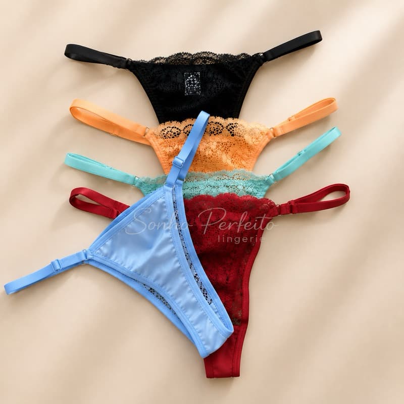 Kit Calcinha Fio Feminina com Renda Sensual e Ajuste Regulável nas Laterais