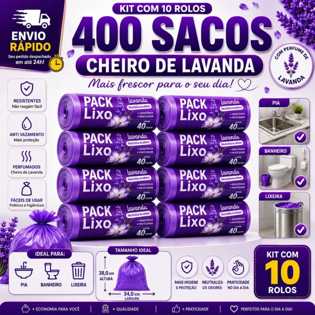 Kit 10 Saco de Lixo Perfumado 400 Sacos Cheiro de Lavanda Pia e Banheiro Neutraliza Odores 10L