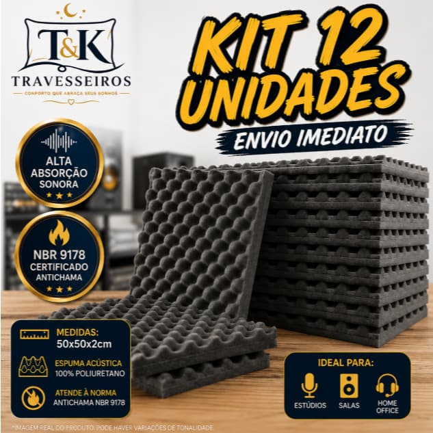 Kit Com 12 Placas Acusticas 50x50x2 - Anti Ruidos Sonoro