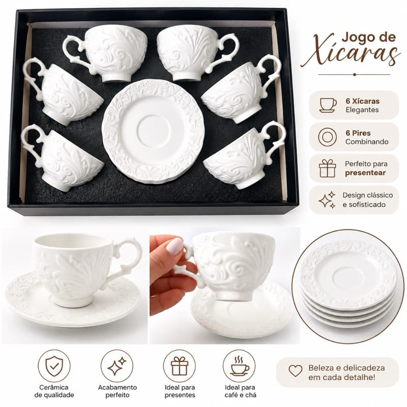 Jogo de Xícaras para Café em Porcelana 6 Xícaras com 6 Pires