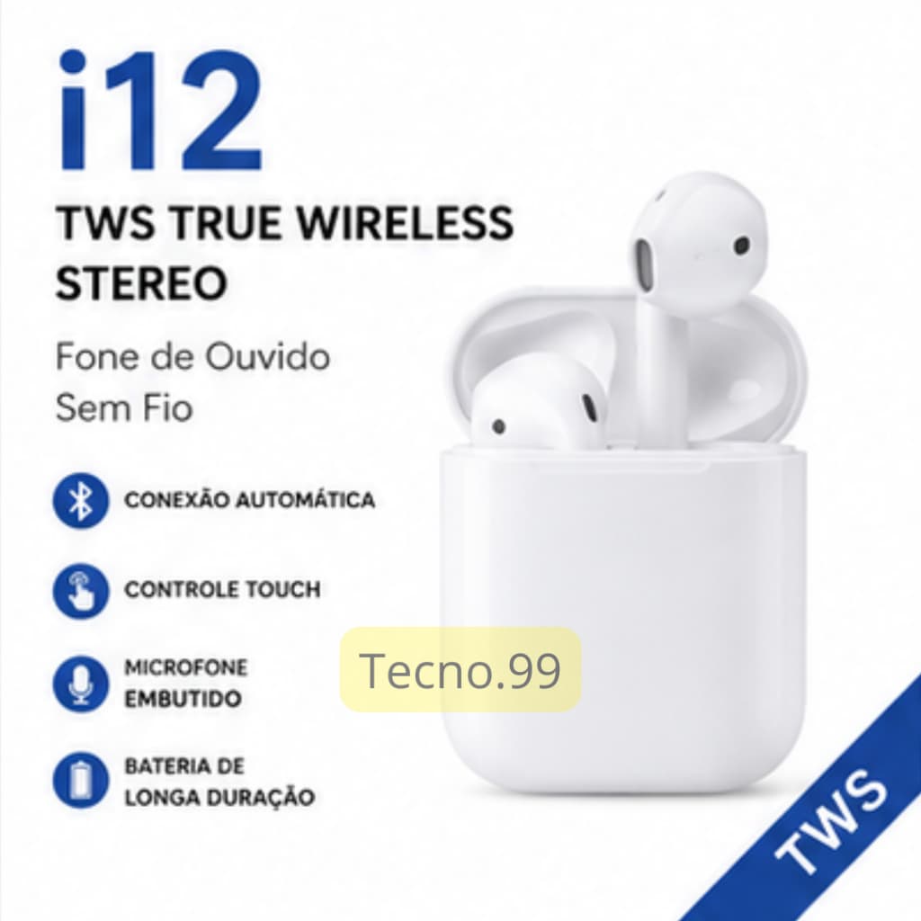 Fone De Ouvido Bluetooth TWS i12 Branco Sem Fio