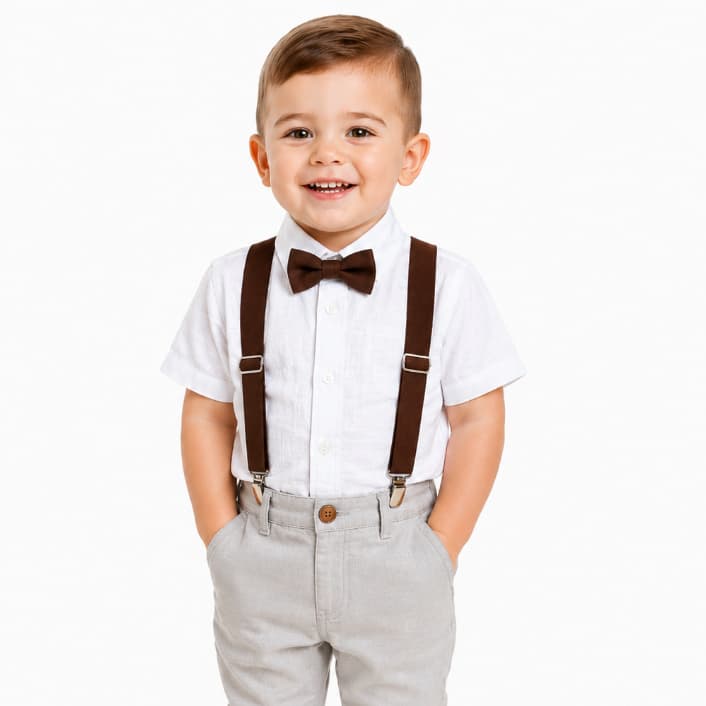 Camisa Social Infantil Viscolinho Menino Manga Curta Suspensório e Gravata Casamento Batizado Pajem