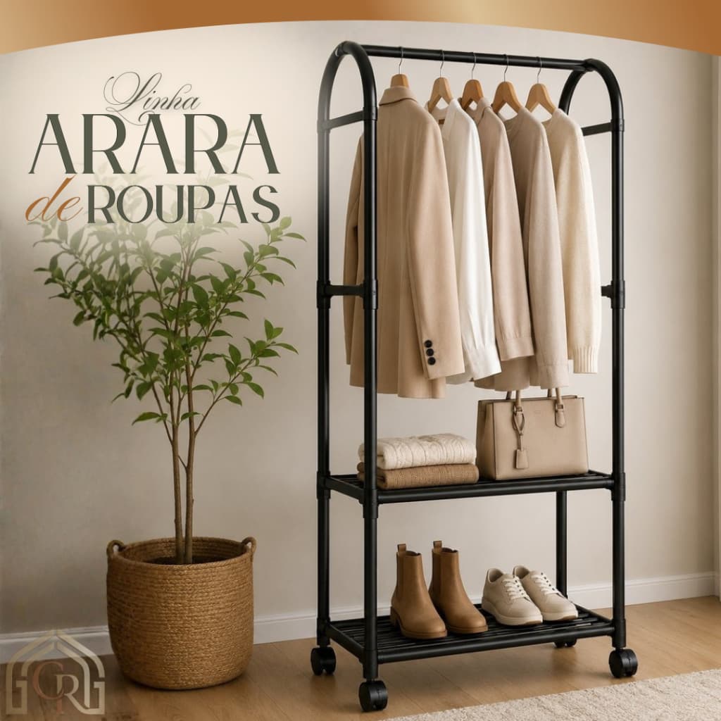Arara Roupas Organizador Metalica 2 Nichos Preta Multiuso Closet Aberto