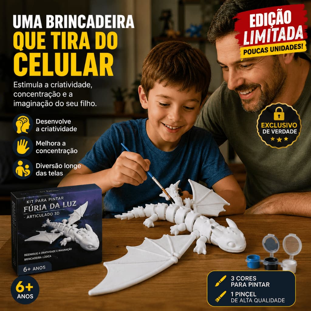 Kit para pintar Dragão Fúria da Luz com 3 cores + pincel + manual de pintura