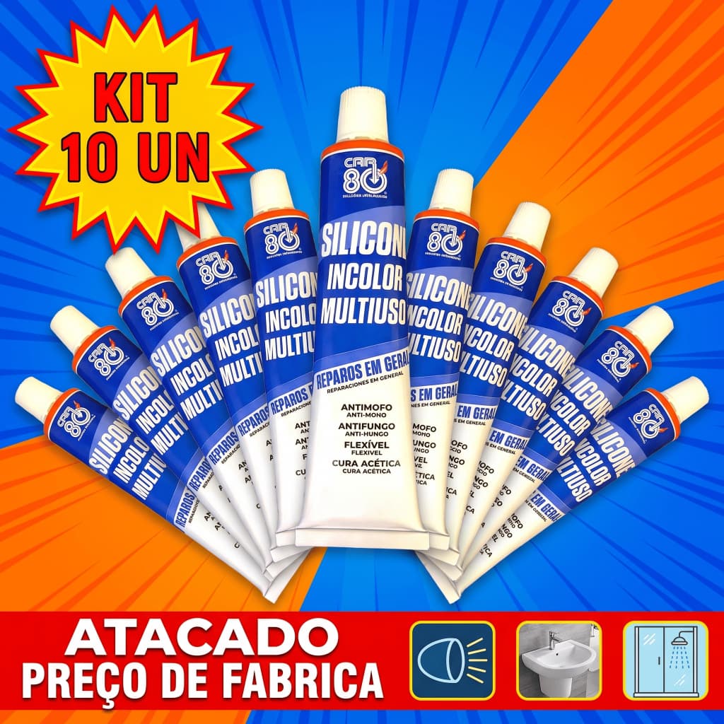 Kit 10 Silicone Incolor Acético Multiuso 50g Vedação Farol Vidro Box Pia Antimofo Cola Reparos