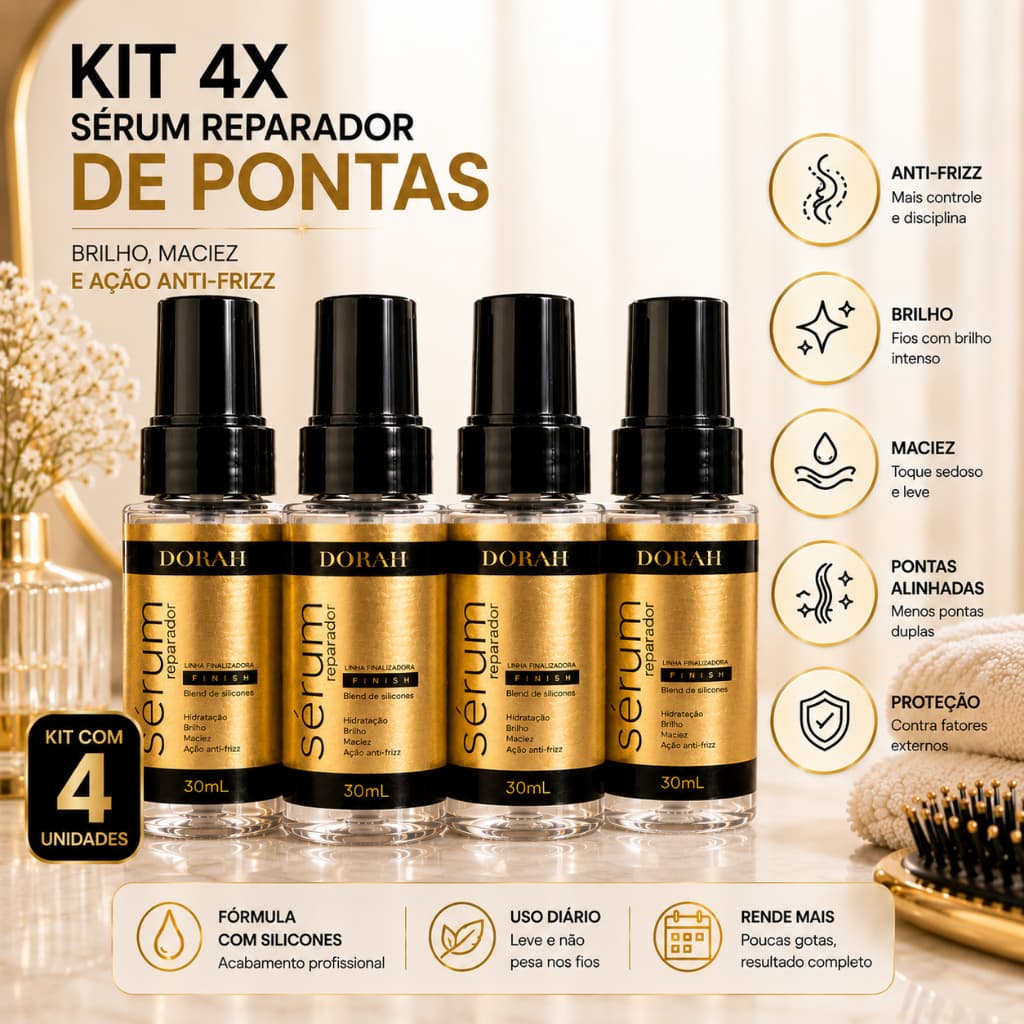 Kit 4x Sérum Reparador de Pontas 30ml Dorah Beauty Anti-Frizz Brilho Maciez