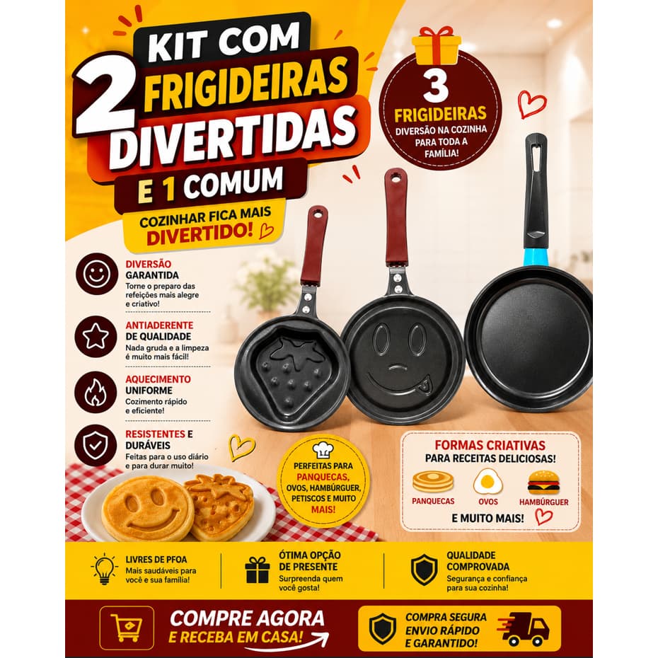 Kit Mini Frigideiras Divertidas Omeleteira Panquequeira Não Gruda