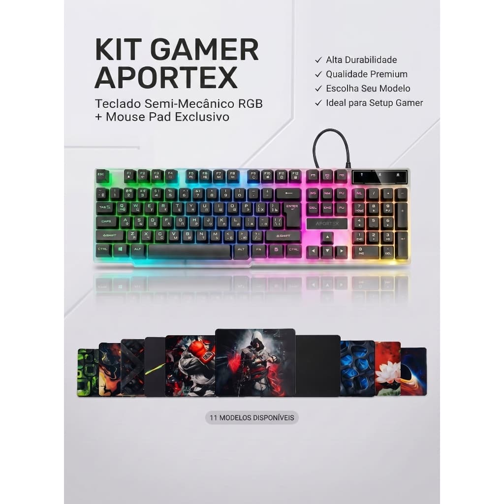 Kit Gamer Aportex Setup Completo com Teclado RGB e MousePad 11 Estampas Exclusivas
