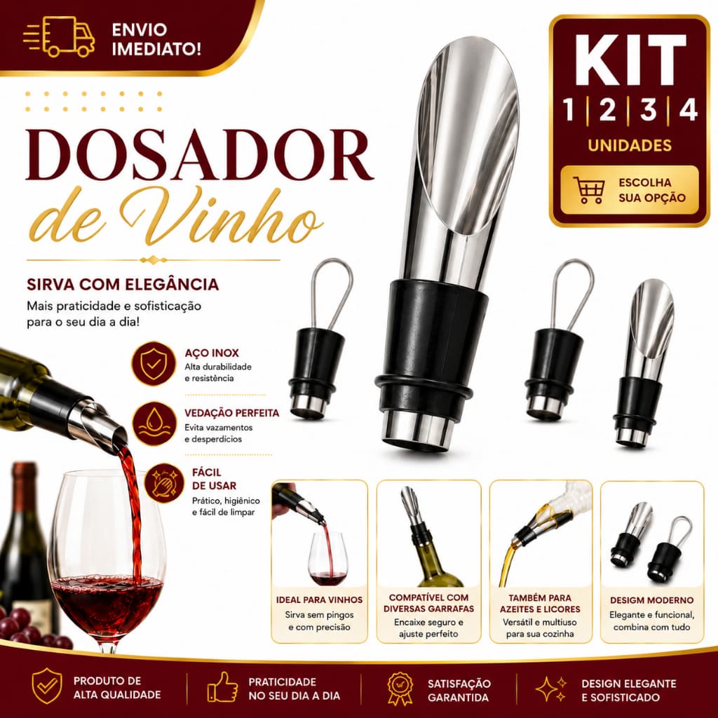 Dosador de Vinho Garrafa com Tampa 8cm 1/2/3/4 Bico Inox Antirrespingo Fluxo Controlado para Vinho Whisky Vodka Licor