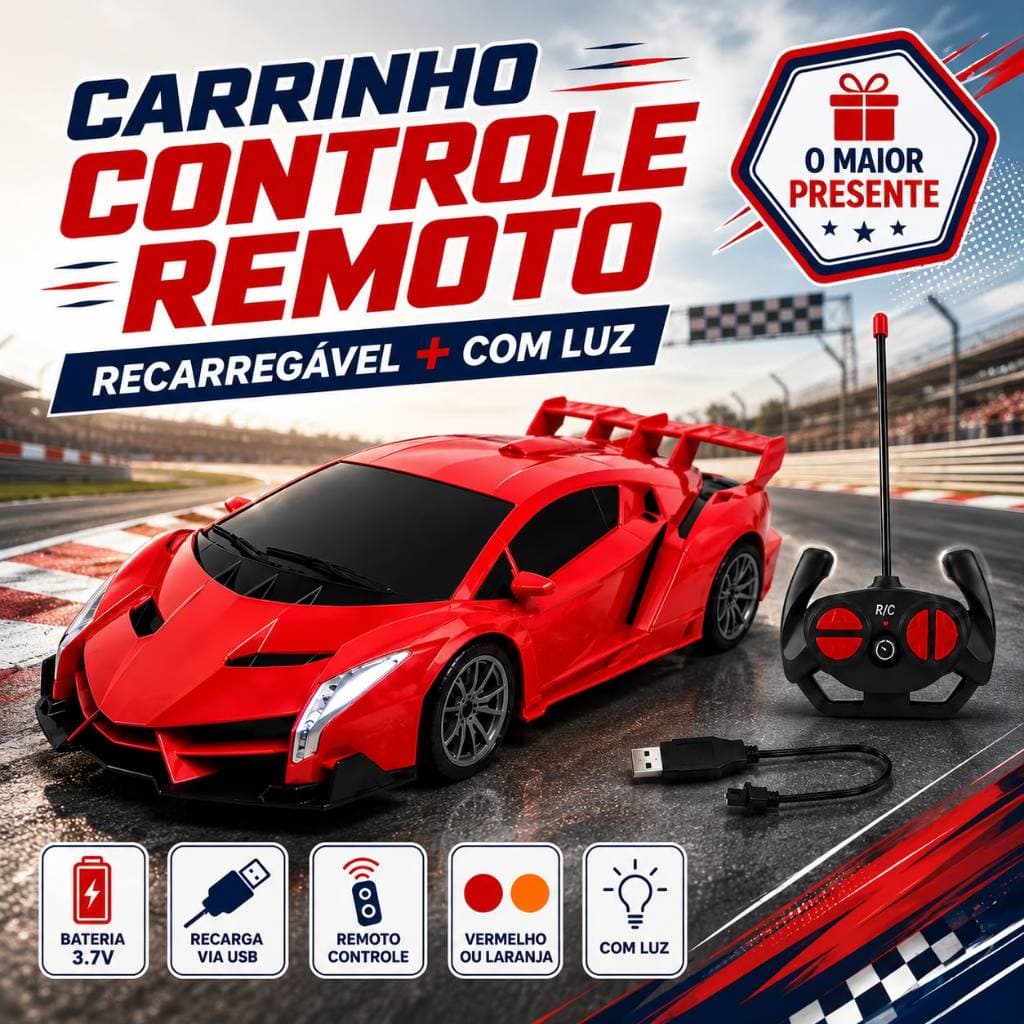 Carrinho de Controle Remoto Infantil Racer Car 1:16 com Luz VISUAL Esportivo