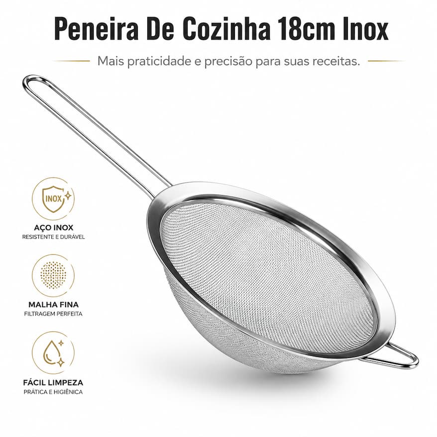 Peneira de Cozinha Inox 18cm Malha Fina Aço Inoxidável Coador para Farinha Açúcar Chá Suco Caldos