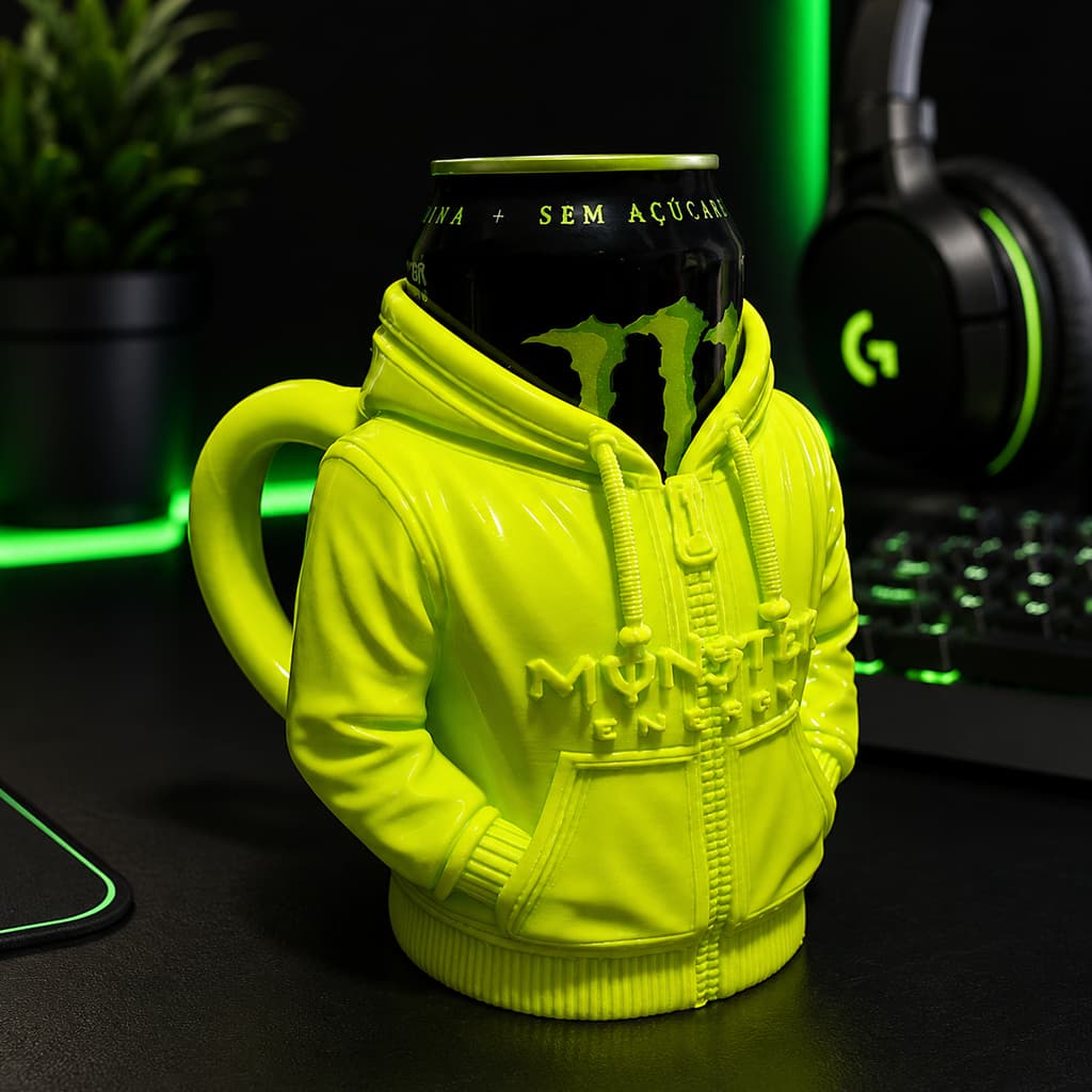 Caneca Monster Moletom 3D | Porta Lata Gamer Personalizado estilo Hoodie | Caneca Monster + Brinde Abridor de lata