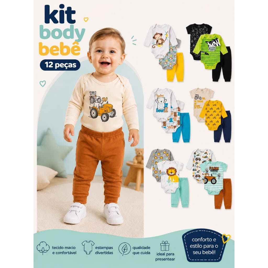 Kit Body Longo 12 Peças Menino Sortido (4 body de manga curta, 4 body manga longa, 4 calça mijão) inverno / verão