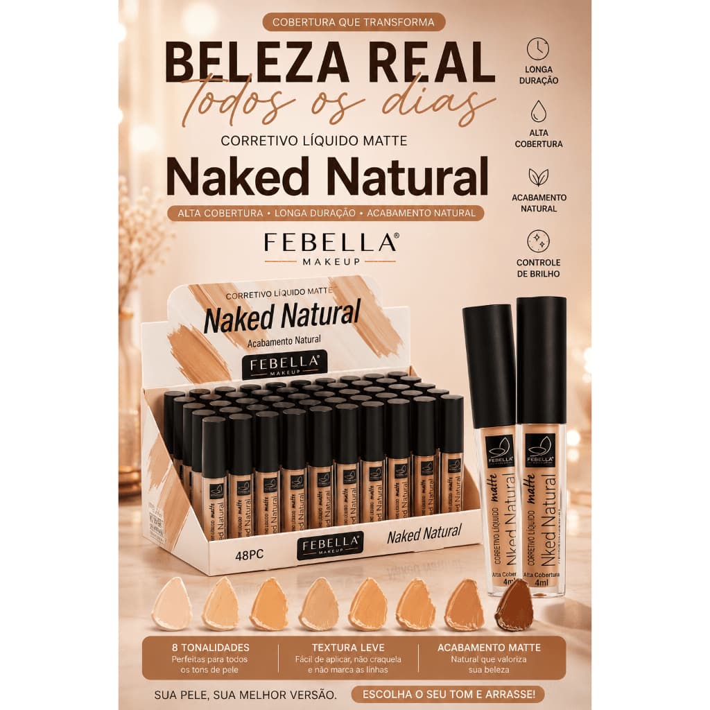 Corretivo Líquido Matte Febella Naked Natural Alta Cobertura Longa Duração 4ml #Febella #Corretivo