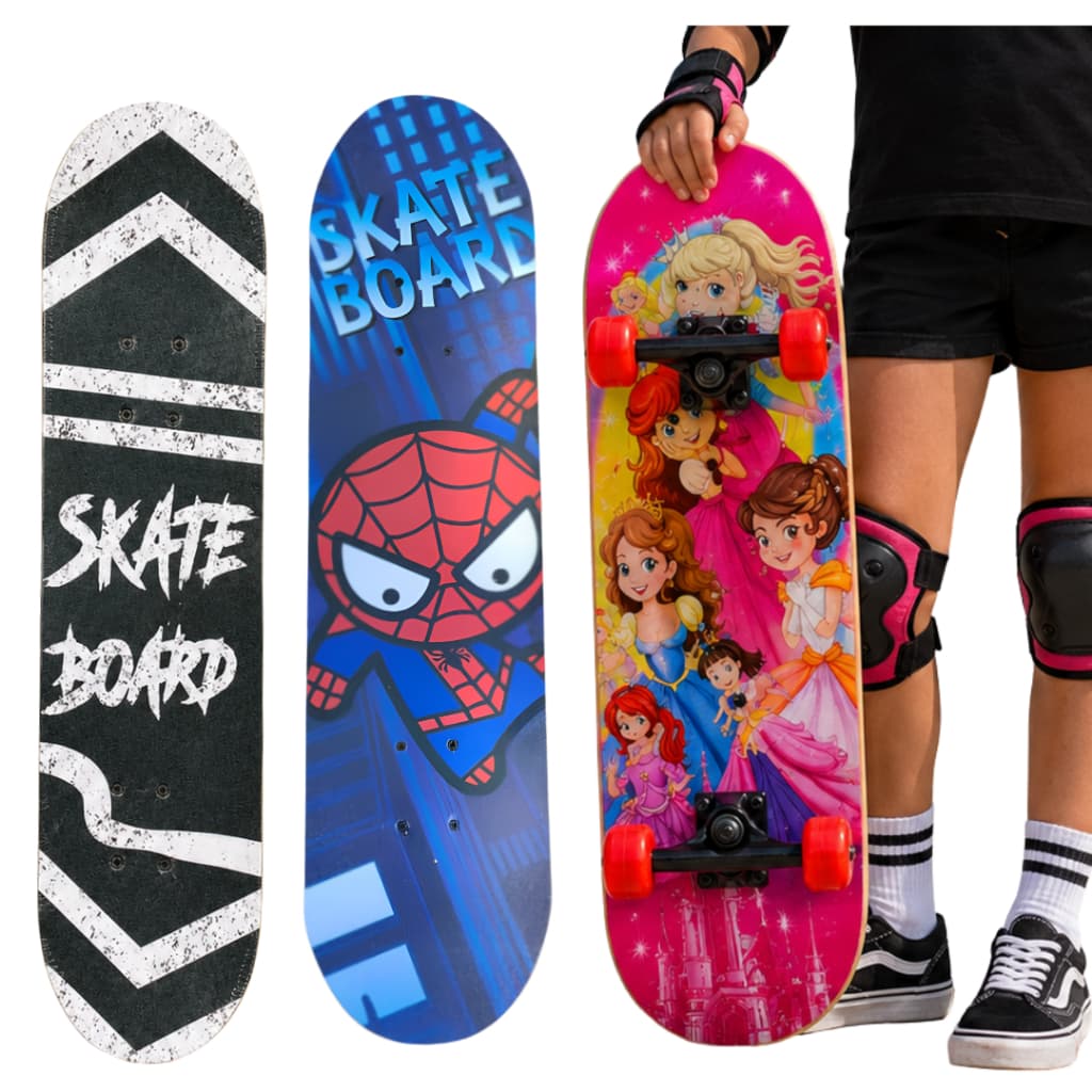 Skate Infantil Menino e Menina 77cm Base Antiderrapante Estampas Princesa Aranha