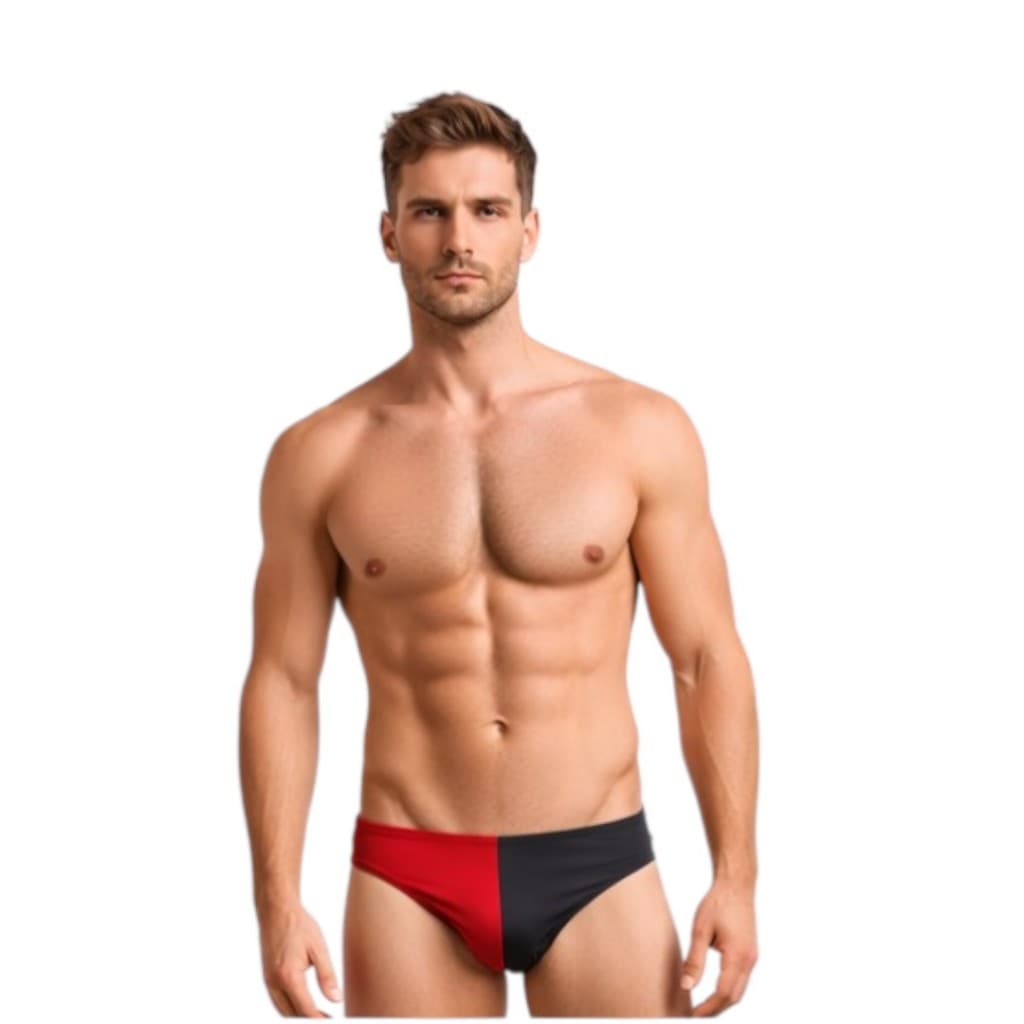 Sunga Masculina Slim 6cm Lisa com Forro Interno e Cordão Ajustável Praia Piscina Preto e Vermelho