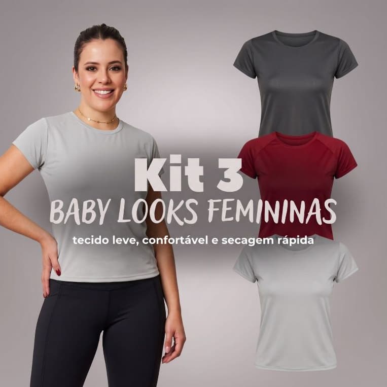 Kit 3 Baby Looks Camiseta de Academia Feminina Fitness Corrida Treino
