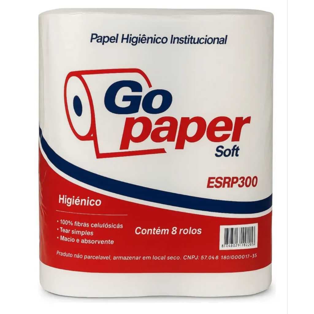 Papel Higiênico Institucional Rolão 300 Metros Go Paper Soft Pacote com 8 Rolos Macio e Absorvente Branco