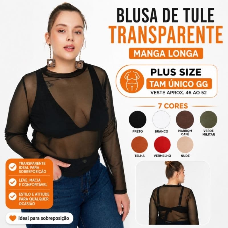 Blusa Tule Transparente Manga Longa Plus Size GG Tam Único Feminina Cores