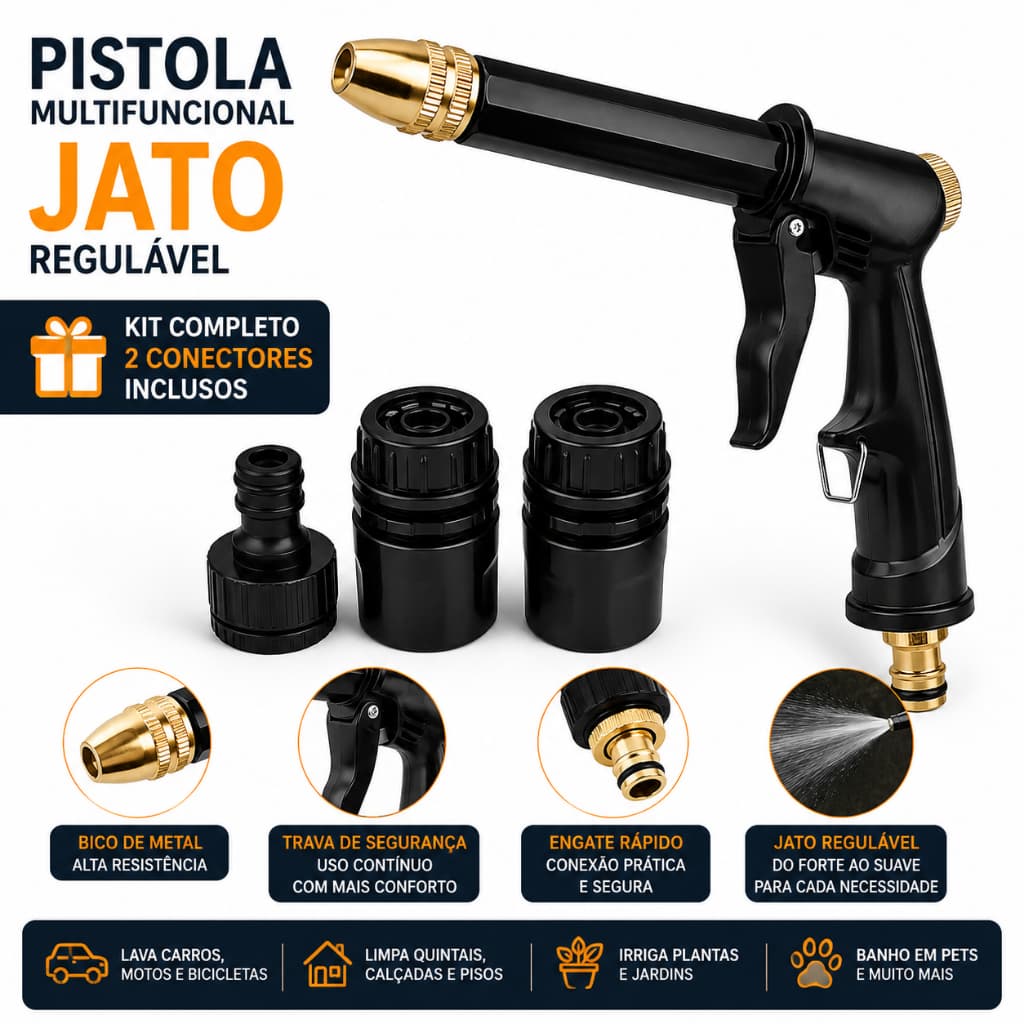 Pistola de Água Alta Pressão para Mangueira + 2 Conectores Engate Rápido