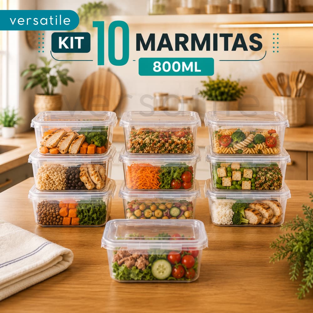 Kit 10 Marmitas 800ml Herméticas Pote Plástico com Tampa e Travas