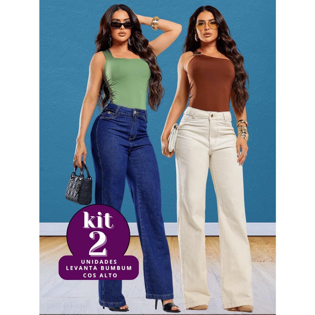Kit 2 Calças Jeans Feminina Wide leg Azul e clara 100% algodão Cintura Alta luxo