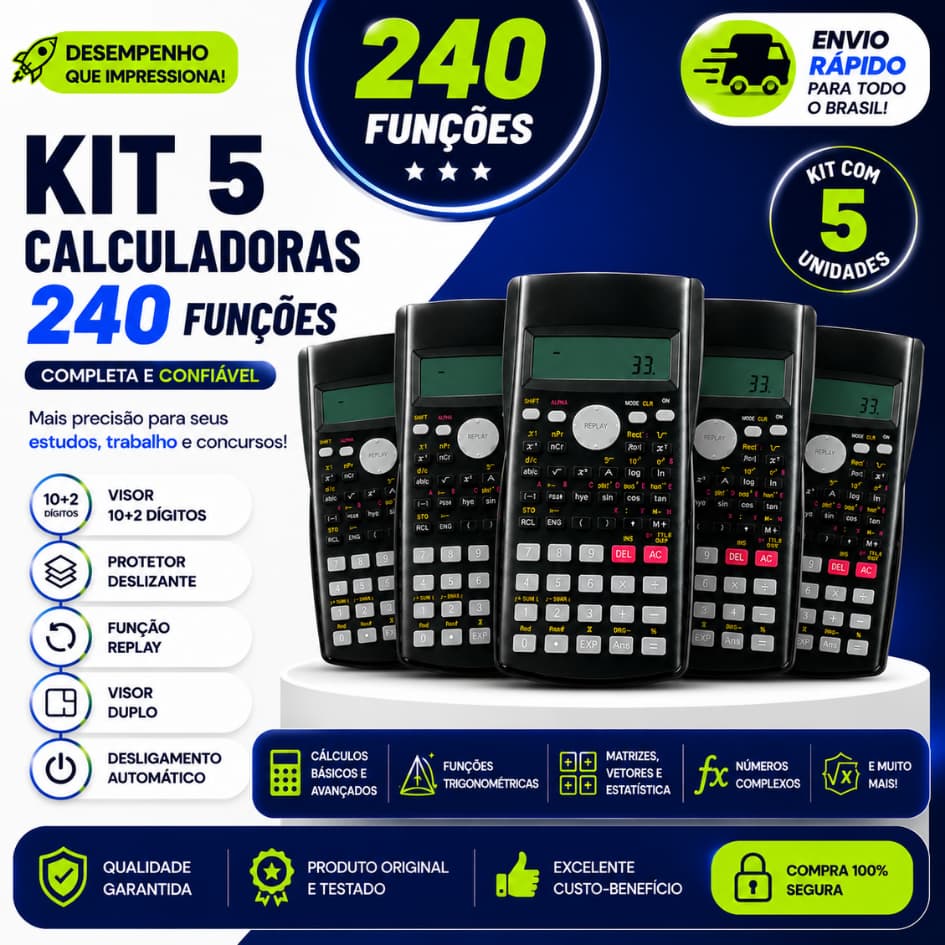 KIT 3 5 Calculadora 240 Funções Cientifica A Pilha Financeira Matemática Escolar Faculdade Trabalho 2 Linhas Barata