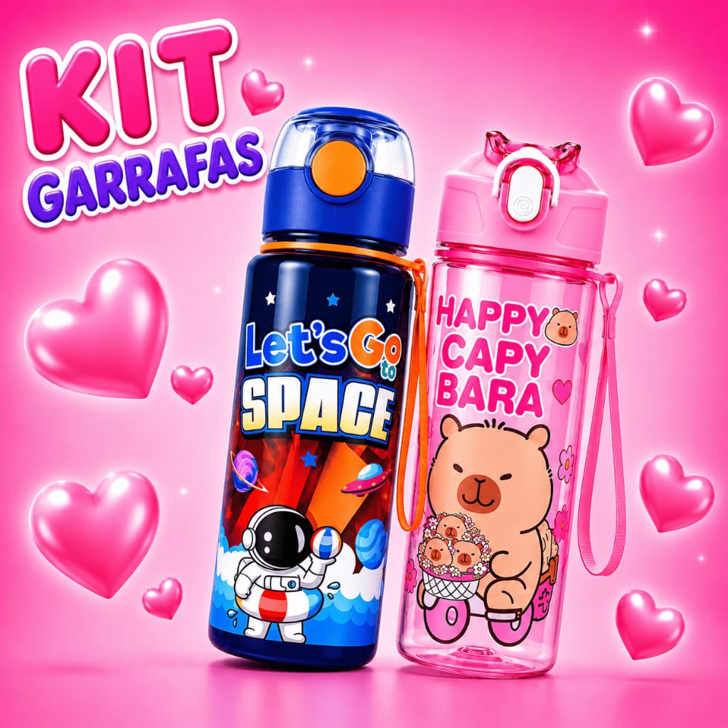 Kit 2 Garrafas Capivara e Space 750ml Super Fofa - BPA Free | Tampa com Trava e Canudo de Silicone