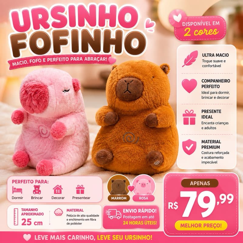 Pelúcia Ursinho/Capivara Fofinha Super Macia Antiestresse Decorativa Rosa e Marrom Presente