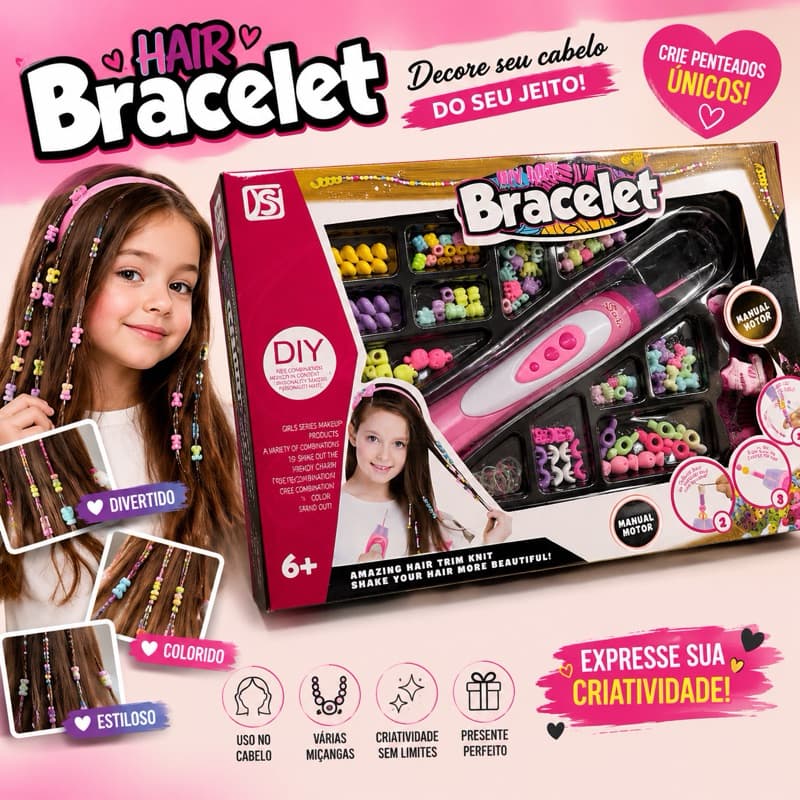 Kit Miçangas Cabelo Infantil Aplicador Hair Beads DIY Trançador Enfeite Menina 6+
