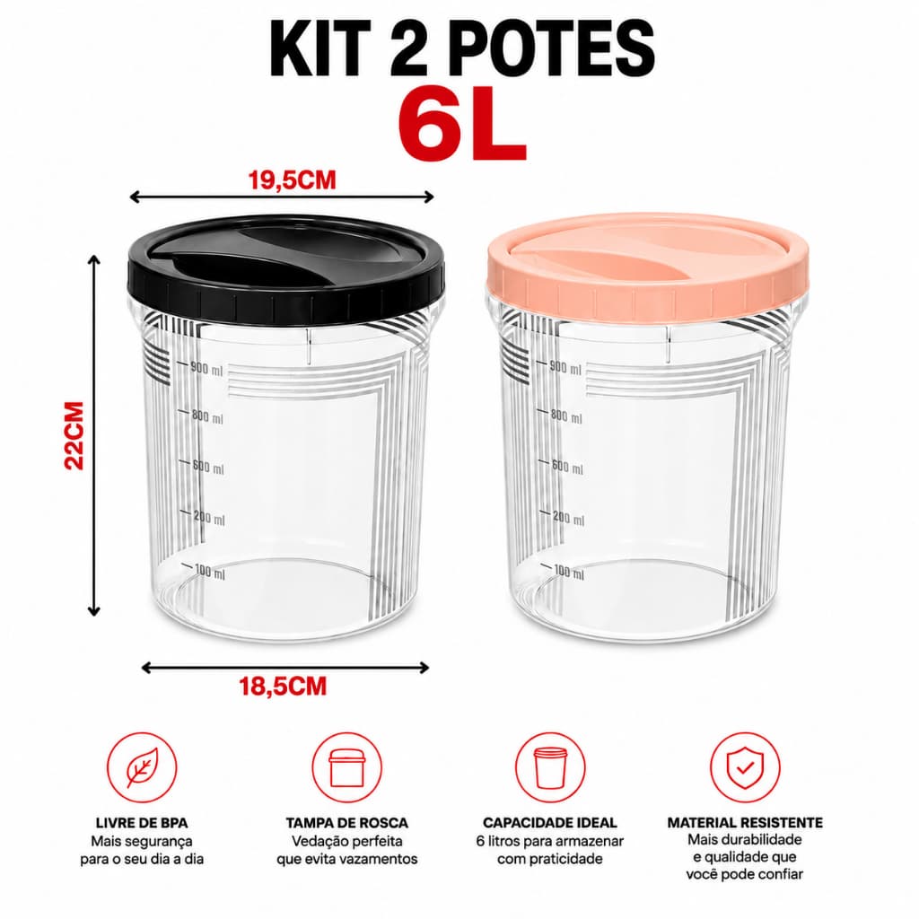 Kit 2 Potes Herméticos Grandes 6L Para Mantimentos Cereais Farinha Açúcar Cozinha